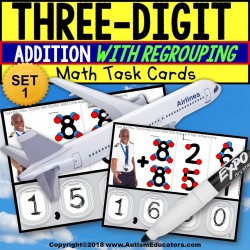 TOUCH POINT Three Digit Addition WITH REGROUPING TASK CARDS Task Box Filler AIRPLANE THEME